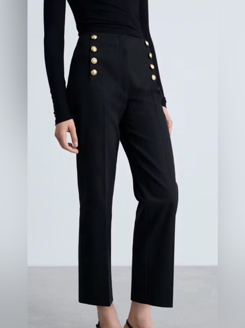 Mango Black High-Rise Sailor Trousers with Gold Buttons